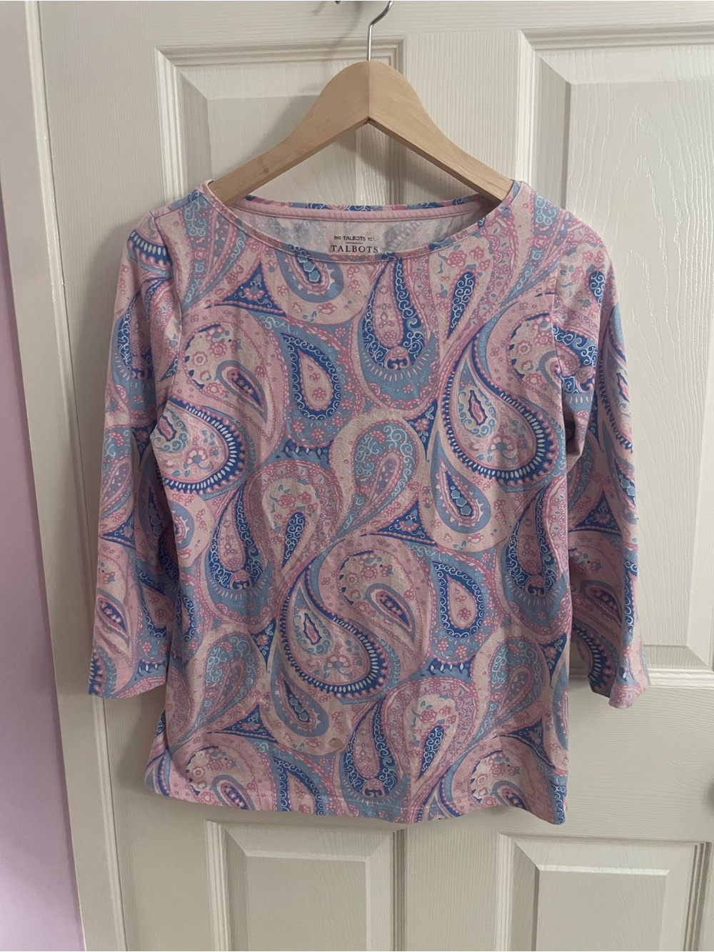 Talbots Pink & Blue Paisley Boatneck 3/4 Sleeve Top
